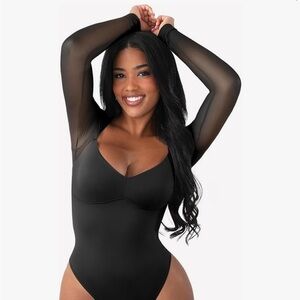 Black Sheer Mesh Long Sleeve Thong Bodysuit - NWT